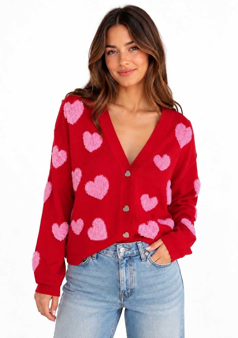 33 Degrees Women's Heart Print Cardigan Sweater Red Pink XXL